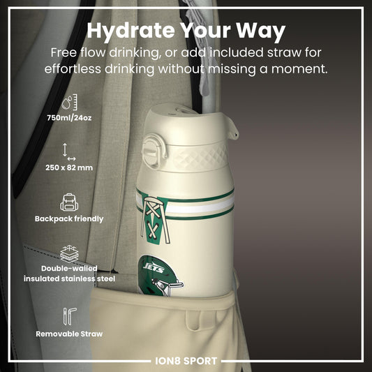 NFL x ION8 Insulated Steel Water Bottle, NFL Jets, 750ml (24oz)