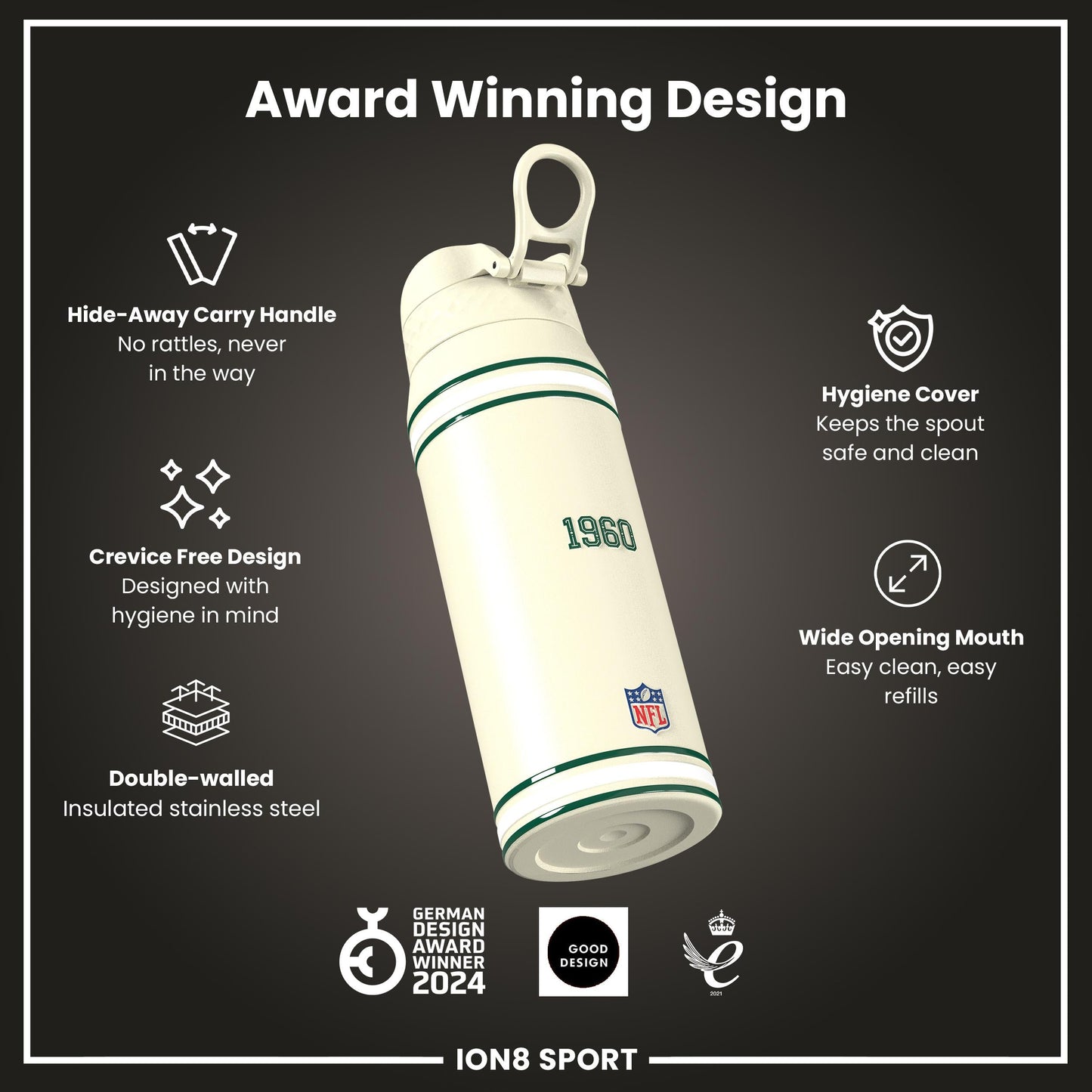 NFL x ION8 Insulated Steel Water Bottle, NFL Jets, 750ml (24oz)