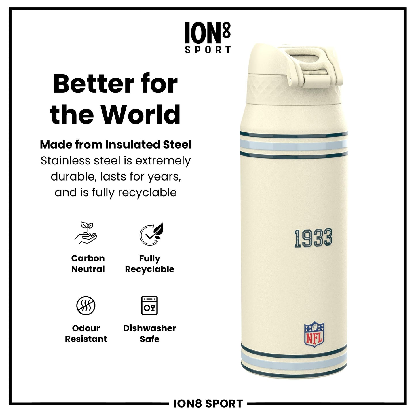 NFL x ION8 Insulated Steel Water Bottle, NFL Eagles, 750ml (24oz)