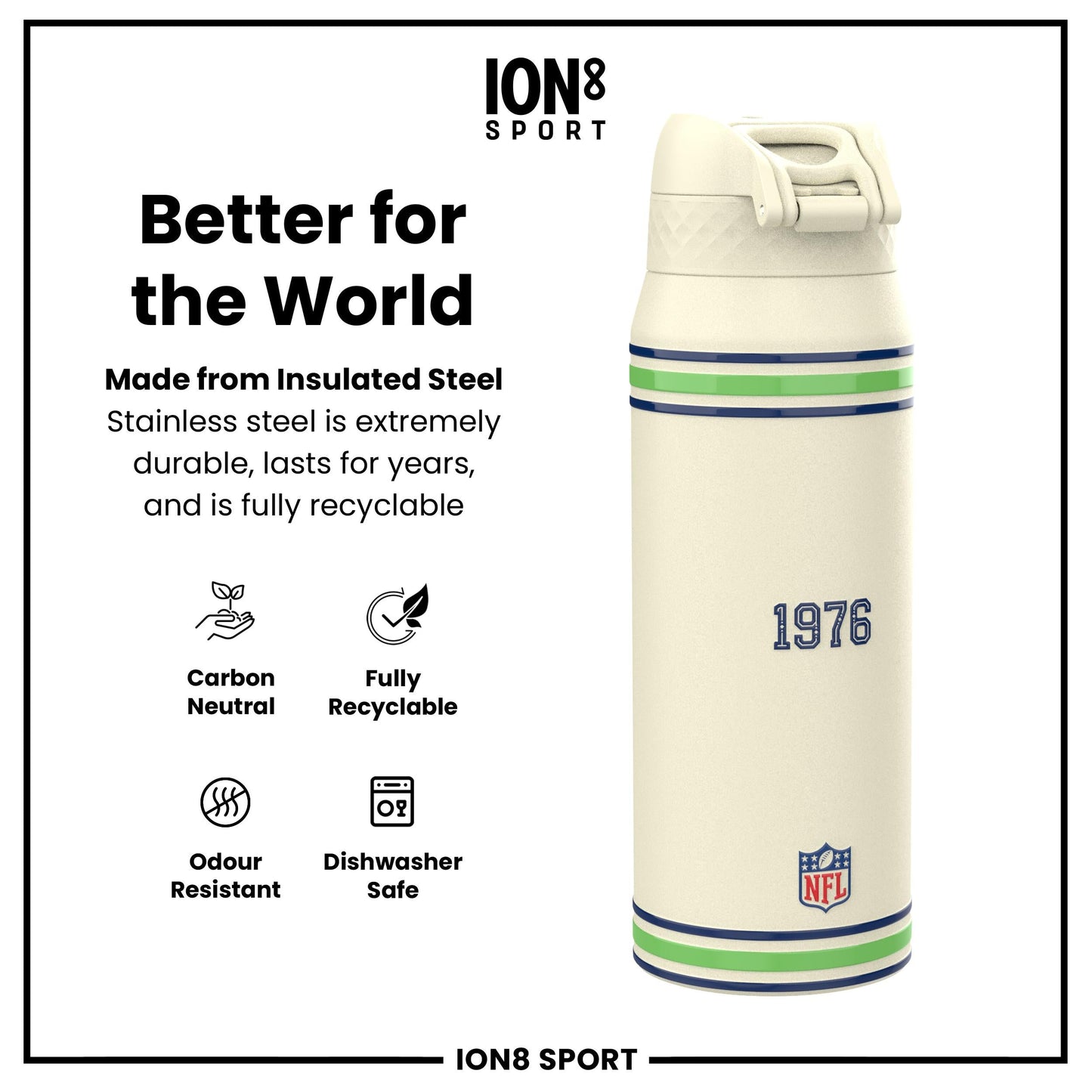 NFL x ION8 Insulated Steel Water Bottle, NFL Seahawks, 750ml (24oz)