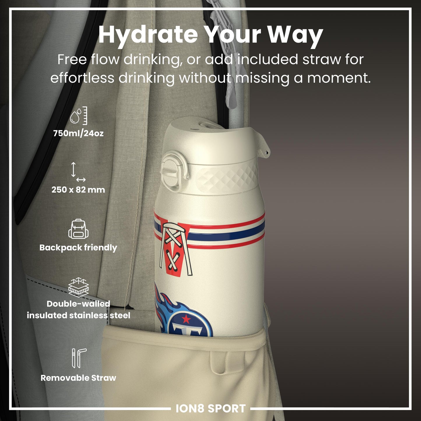 NFL x ION8 Insulated Steel Water Bottle, NFL Titans, 750ml (24oz)