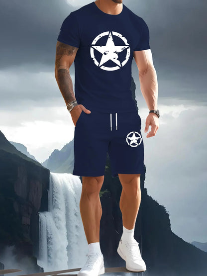 Men's summer T-shirt two-piece set with high-definition pattern printing, fashionable casual short sleeved sportswear