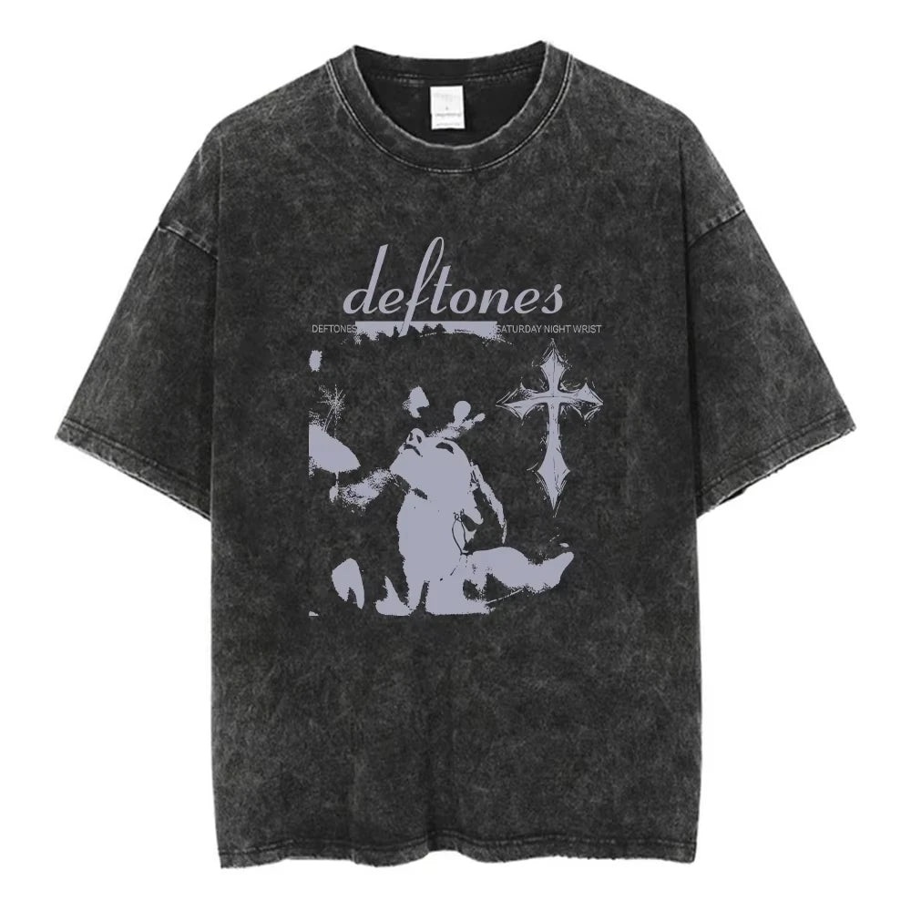 Y2K Wash and Age Vintage T-shirt Harajuku Hip Hop Hip Hop Metal Rock Music Album Cover T-shirt Cotton Short Sleeve Tee Men's Top