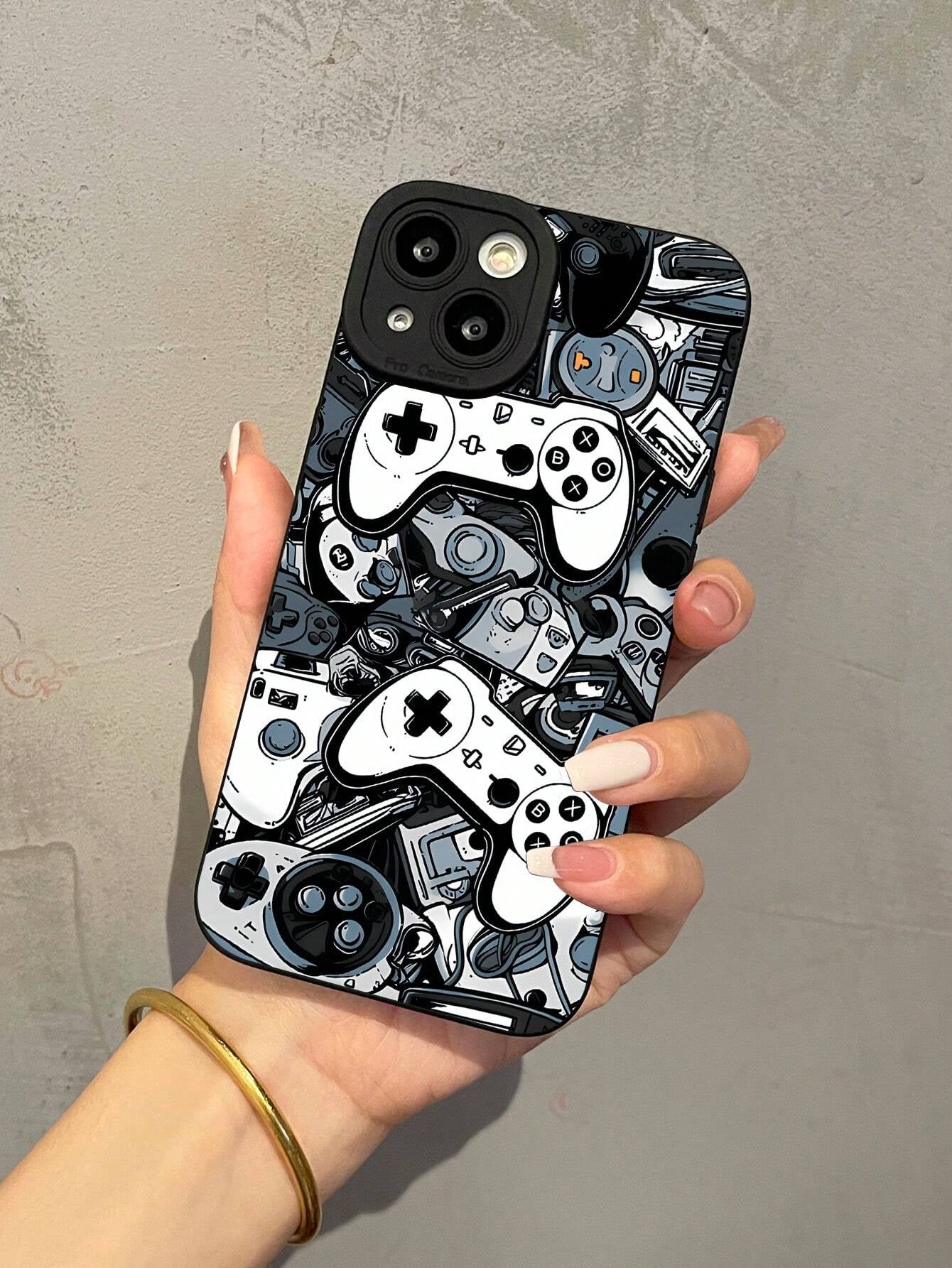 1Pc Black Game Console Pattern Full Protective TPU Anti-Drop Phone Case Compatible with Apple 16 15 14 13 12 11 Pro Max & Samsung Phones