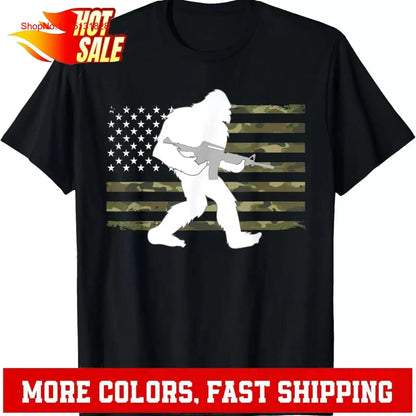 Bigfoot Gun Owner Camo US American Flag Sasquatch AR15 Rifle T Shirt vintage Washed Slightly Stretched Breathable Soft Unisex