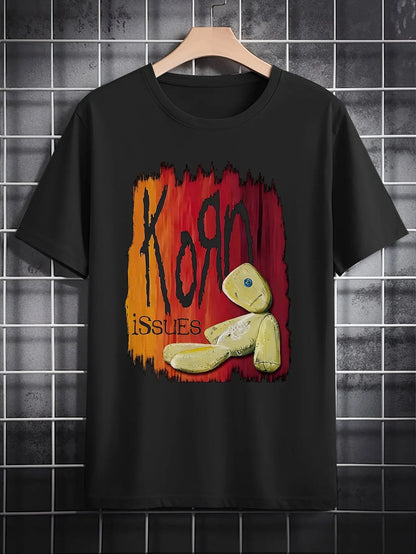 Men's Casual Round Neck T-Shirt with Bold "KISS Issues" Graphic - Black Polyester Tee, Machine Washable, Ideal Gift for Him
