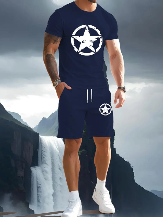 Men's summer T-shirt two-piece set with high-definition pattern printing, fashionable casual short sleeved sportswear