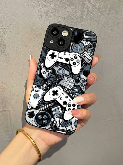 1Pc Black Game Console Pattern Full Protective TPU Anti-Drop Phone Case Compatible with Apple 16 15 14 13 12 11 Pro Max & Samsung Phones