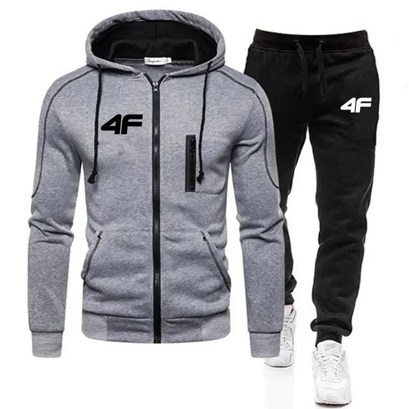 Thick and warm men's sportswear for the autumn and winter seasons. A one-piece set including a zipper-covered hooded sweatshirt